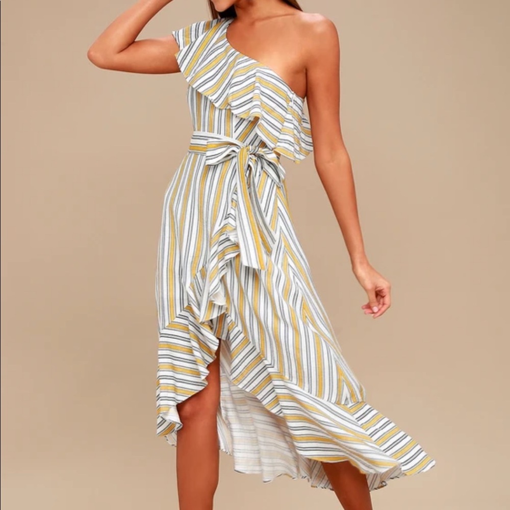 High Tide Yellow Striped One Shoulder Midi Dress